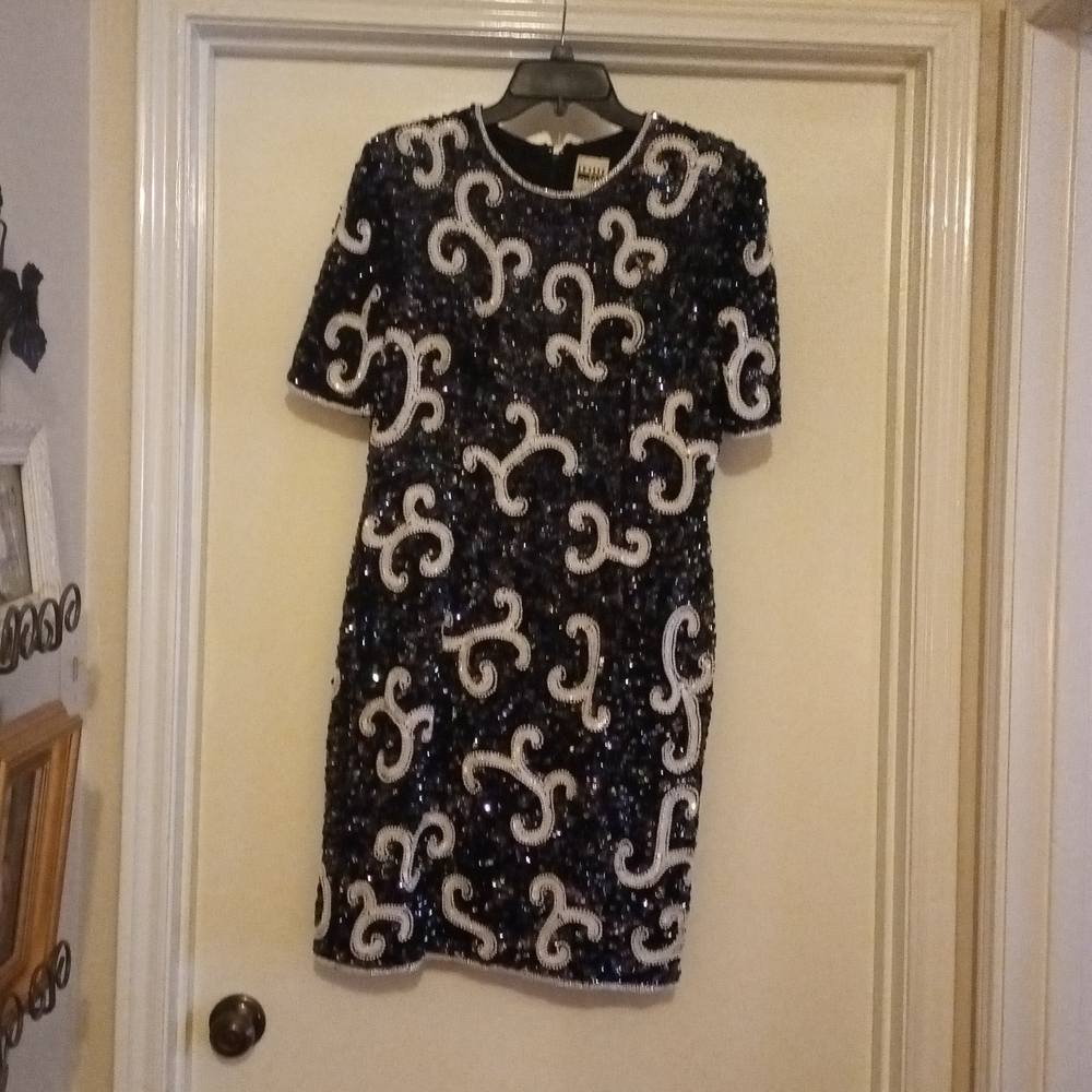 Evening Dress, Size 10, Navy and White with Sequins all over